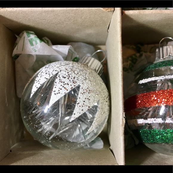12 Christmas Radko Clear Glass Ball Ornaments Tinsel & Snow Glitter Stripes - Picture 6 of 9